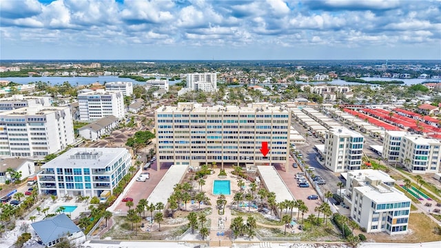 aerial view with a view of city and a water view