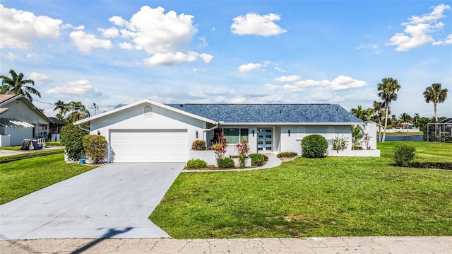 ranch-style house with an attached garage, a front lawn, concrete driveway, and stucco siding