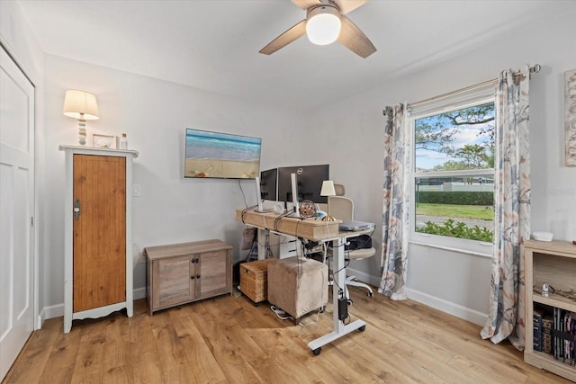 home office with ceiling fan, wood finished floors, and baseboards