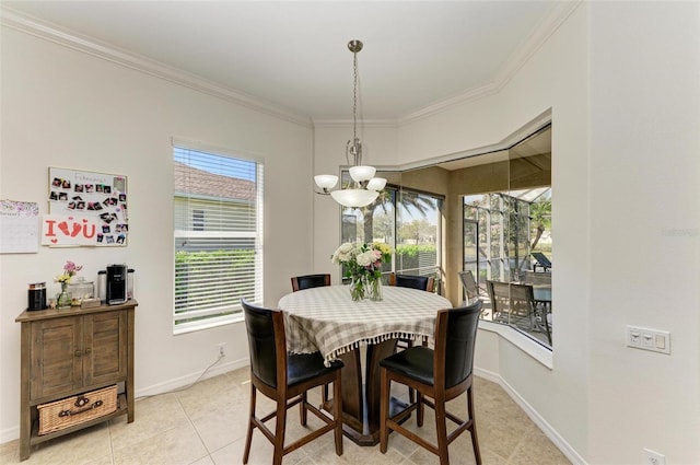 dining area with an inviting chandelier, baseboards, crown molding, and light tile patterned flooring