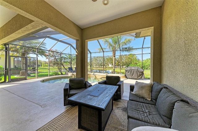 view of patio / terrace featuring glass enclosure, a grill, an outdoor living space, and an outdoor pool