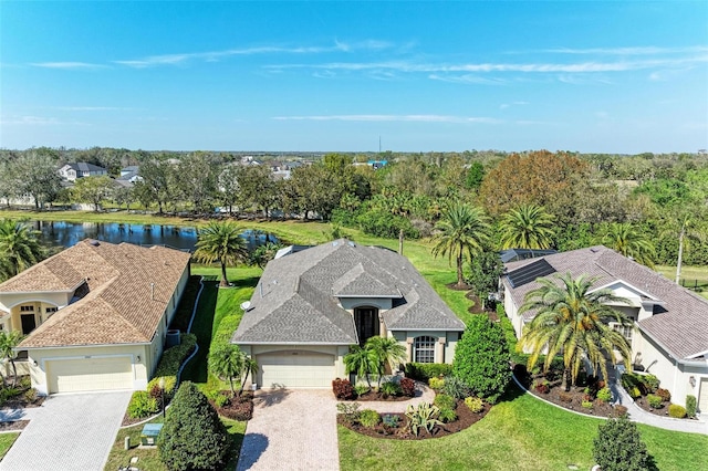 aerial view featuring a water view