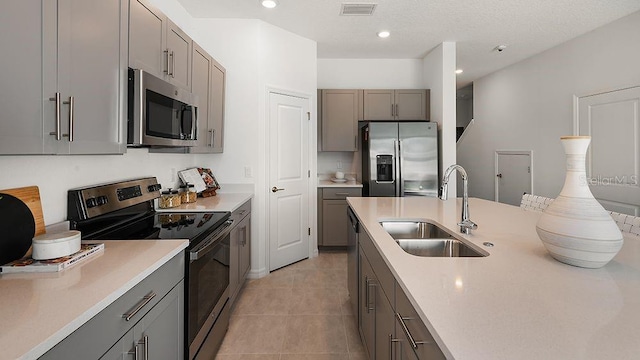 kitchen with appliances with stainless steel finishes, visible vents, a sink, and gray cabinetry