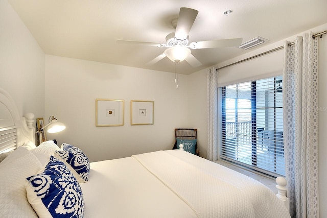 bedroom with visible vents, a ceiling fan, and access to outside