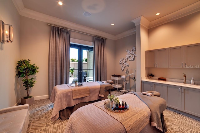 bedroom with light carpet, recessed lighting, french doors, crown molding, and baseboards