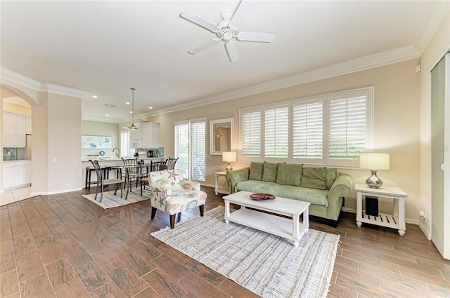 living area featuring ornamental molding, wood finish floors, and arched walkways