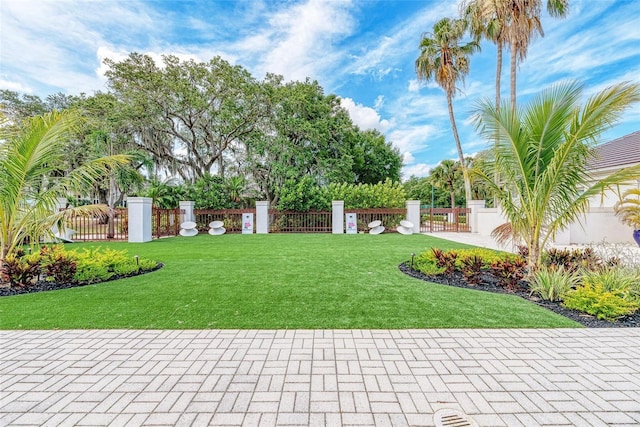 view of yard with a fenced front yard and a gate