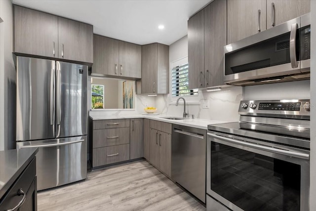 kitchen with a sink, stainless steel appliances, light countertops, light wood-style floors, and backsplash