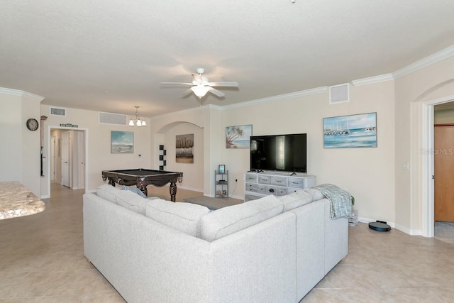 living room featuring arched walkways, pool table, visible vents, and crown molding