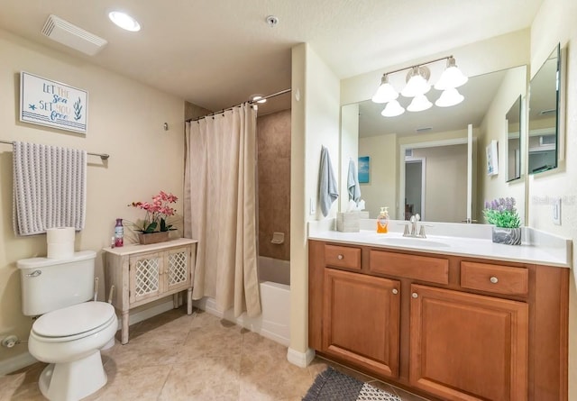 full bathroom with toilet, visible vents, vanity, tile patterned floors, and shower / bath combination with curtain