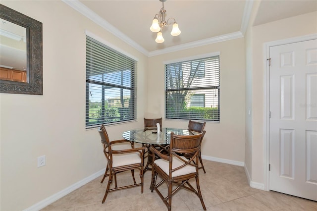 dining area with baseboards, a chandelier, crown molding, and light tile patterned flooring