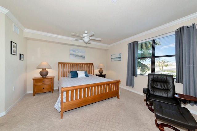 bedroom featuring light carpet, ornamental molding, visible vents, and baseboards