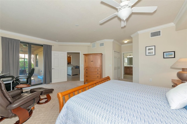 carpeted bedroom with access to exterior, visible vents, crown molding, and a ceiling fan