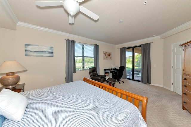 bedroom featuring access to exterior, light colored carpet, ornamental molding, and multiple windows