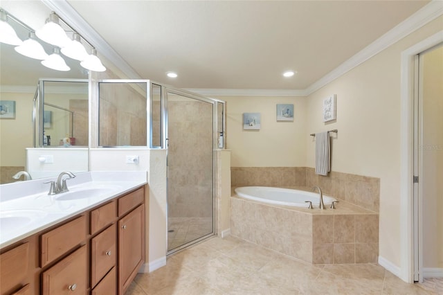 full bath featuring a stall shower, a bath, and crown molding