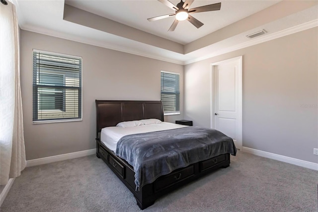 bedroom featuring a tray ceiling, carpet flooring, and visible vents