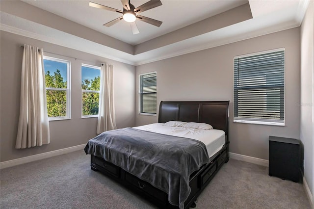 bedroom featuring carpet floors, baseboards, a raised ceiling, and ornamental molding