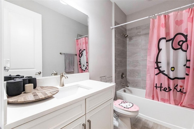 full bathroom with wood finished floors, vanity, toilet, and shower / bath combo with shower curtain