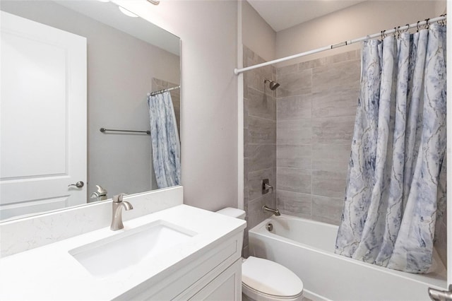 full bath featuring vanity, toilet, and shower / bath combo with shower curtain