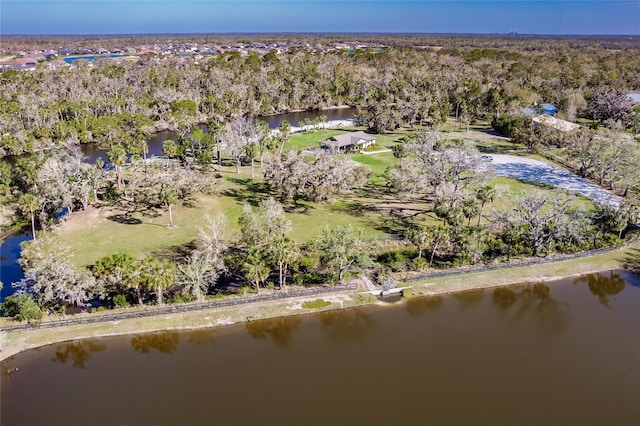 birds eye view of property with a water view and a wooded view