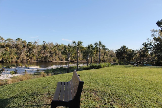 view of community featuring a water view, a yard, and a forest view