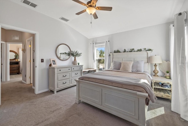 bedroom featuring lofted ceiling, carpet flooring, visible vents, and baseboards