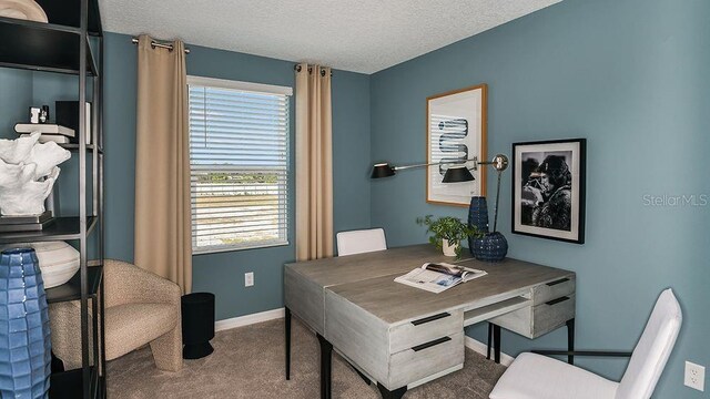 carpeted office with baseboards and a textured ceiling