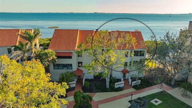 bird's eye view with a water view