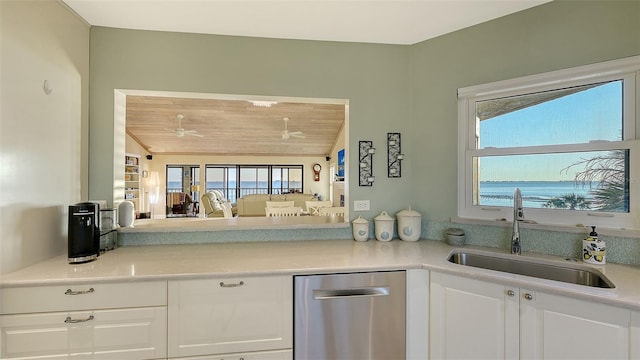 kitchen featuring wooden ceiling, a sink, white cabinetry, light countertops, and dishwasher