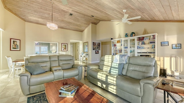 living room with light tile patterned floors, high vaulted ceiling, wooden ceiling, and a ceiling fan