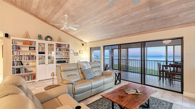 living room featuring lofted ceiling, ceiling fan, light tile patterned floors, a water view, and wood ceiling