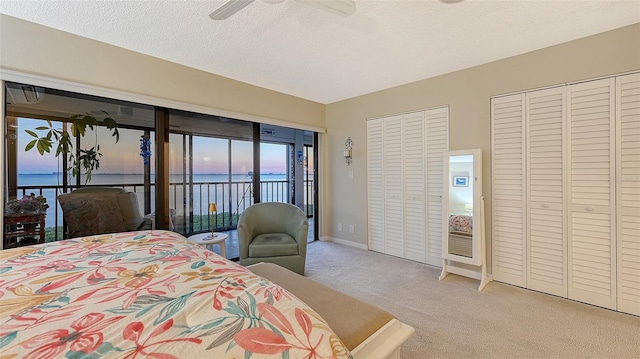 carpeted bedroom with access to exterior, a water view, a textured ceiling, and multiple closets