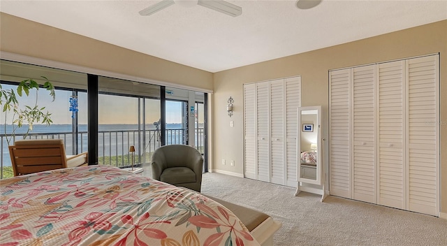 bedroom featuring baseboards, ceiling fan, access to exterior, carpet, and multiple closets