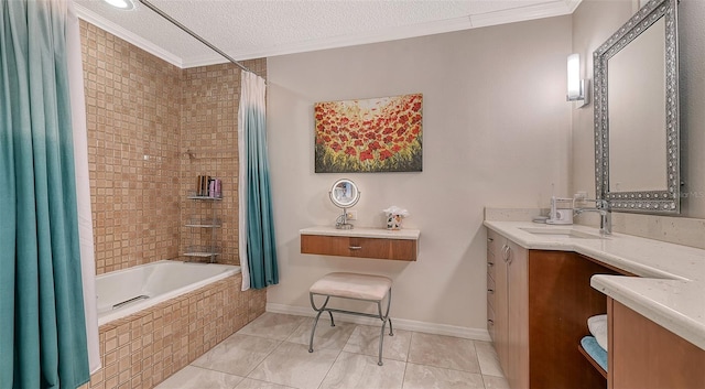 full bath with tiled shower / bath, ornamental molding, a textured ceiling, and vanity