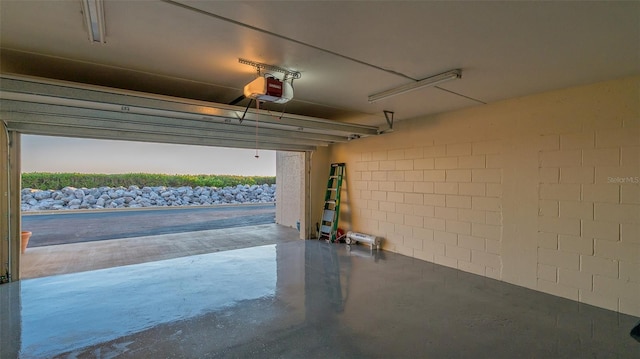 garage featuring a garage door opener and concrete block wall