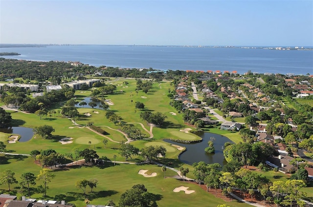 aerial view with a water view and golf course view