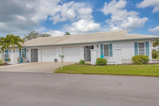 single story home with a garage, a front lawn, concrete driveway, and stucco siding