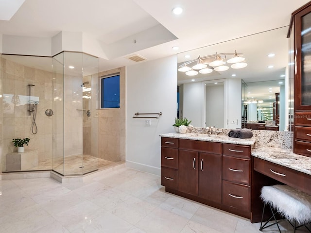 534 Beach Rd, Sarasota, FL 34242 - bathroom with vanity, visible vents, baseboards, recessed lighting, and a walk in shower