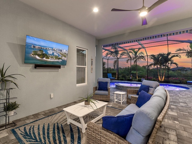 view of patio featuring glass enclosure, an in ground hot tub, an outdoor pool, and outdoor lounge area