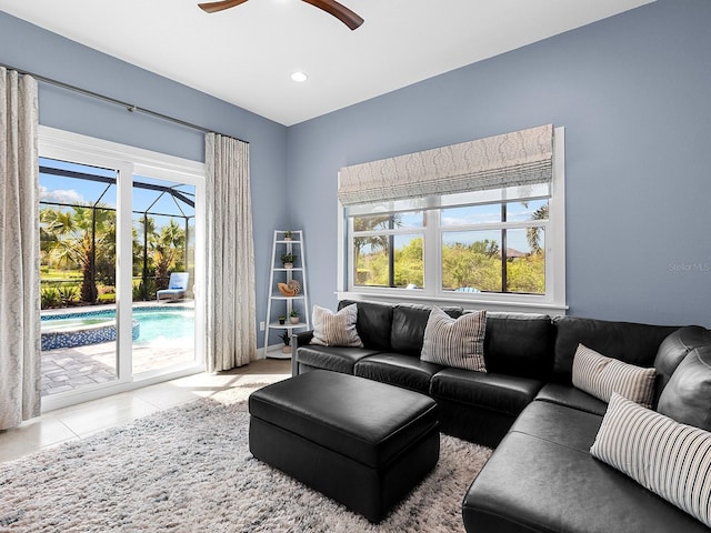 813 Tailwind Pl, Sarasota, FL 34240 - living room featuring ceiling fan, light tile patterned flooring, and recessed lighting