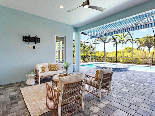 813 Tailwind Pl, Sarasota, FL 34240 - view of patio with ceiling fan, a pool with connected hot tub, an outdoor hangout area, and a lanai