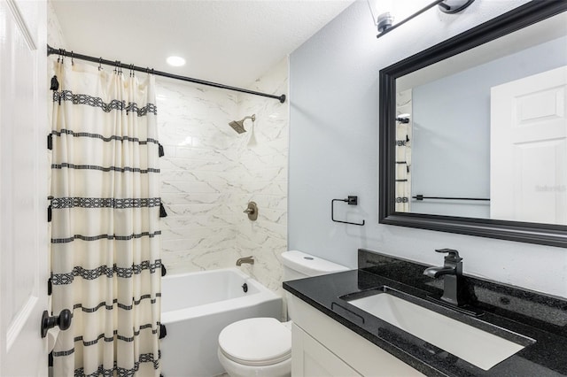 bathroom with vanity, toilet, and shower / tub combo with curtain