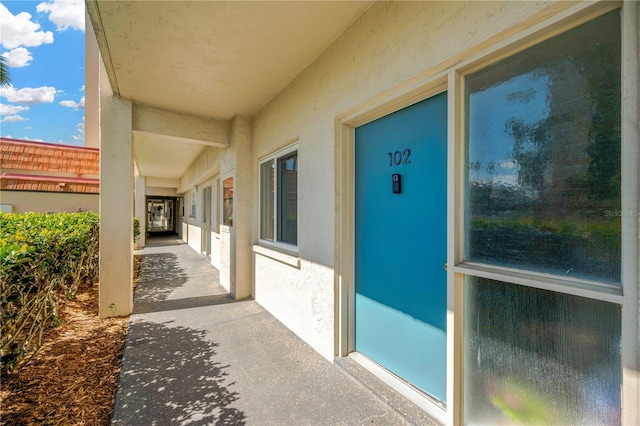 view of exterior entry with stucco siding