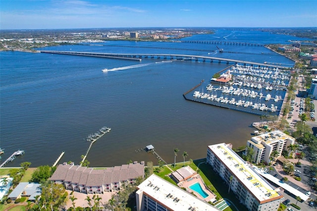 birds eye view of property featuring a water view