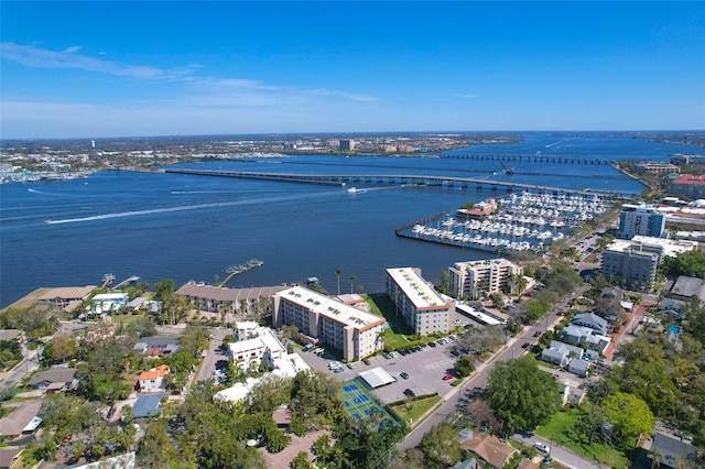 aerial view featuring a water view and a view of city