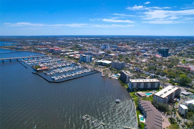 aerial view with a view of city and a water view