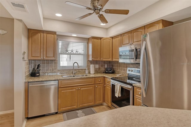 kitchen with stainless steel appliances, visible vents, a sink, and backsplash