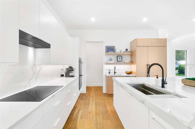 kitchen featuring black electric stovetop, under cabinet range hood, a sink, open shelves, and modern cabinets