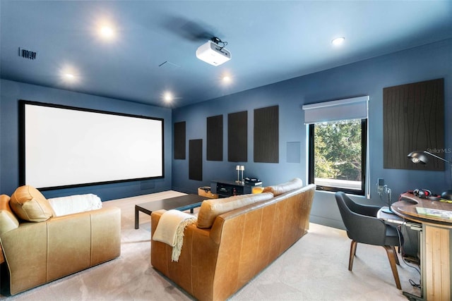 cinema room with light colored carpet, visible vents, and recessed lighting