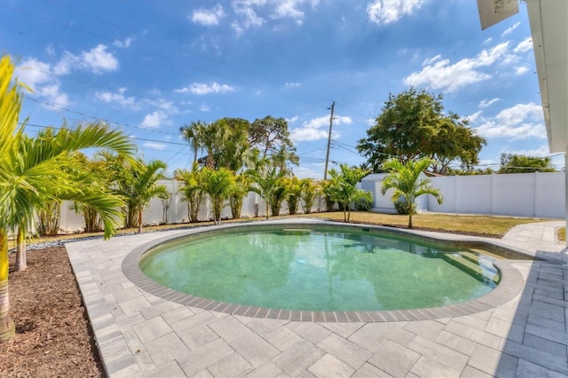 view of pool with a fenced backyard, a fenced in pool, and a patio